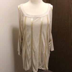 Chico’s Woman’s Khaki Sequin 3/4 Sleeve Cold Shoulder Top Size 3